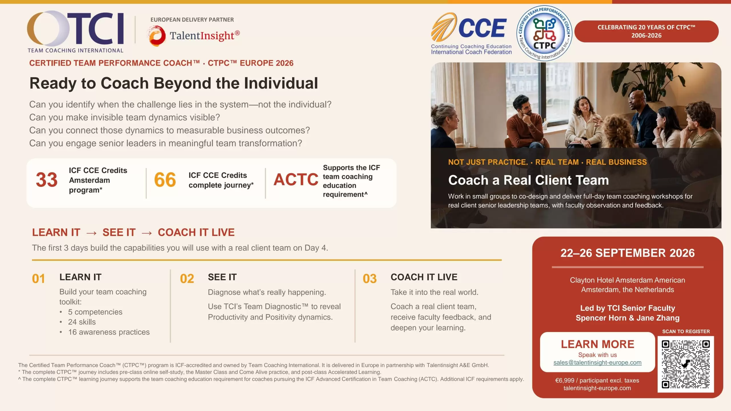 Certified Team Performance Coach — CTPC Europe 2026. 22–26 сентября 2026, Clayton Hotel Amsterdam American. 33 ICF CCE кредита.